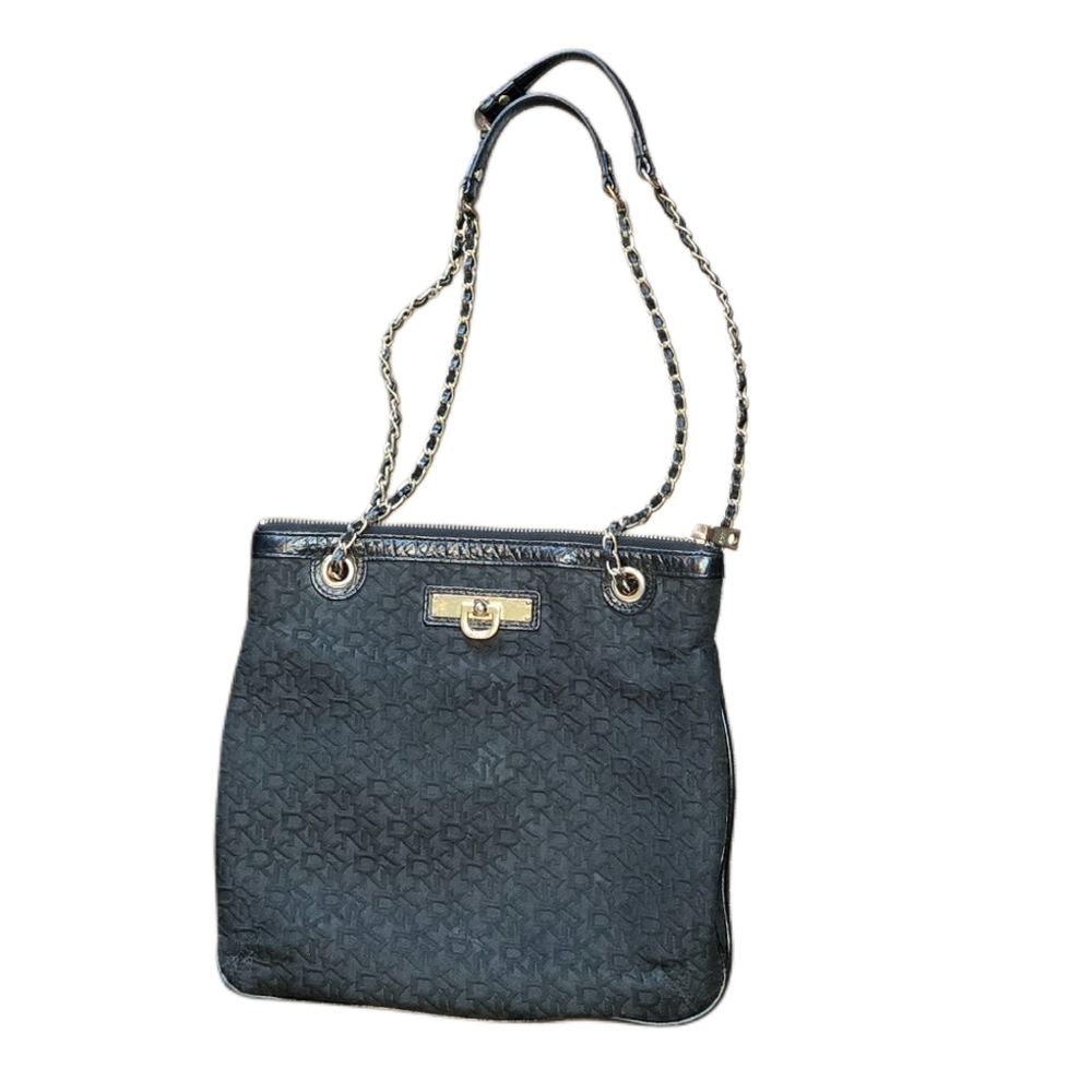 DKNY Monogram Chain Strap Shoulder Bag Black Logo Purse Y2K Quiet Luxury